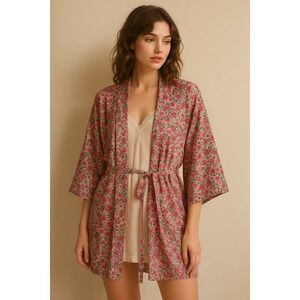 Victoria's Secret Vintage Floral Kimono Robe Pink Cottagecore Cotton Viscose M